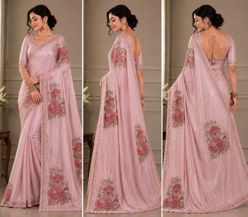 Women Shimmer Saree with Peacock Embroidered Motifs & Scalloped Border - Dusty Pink