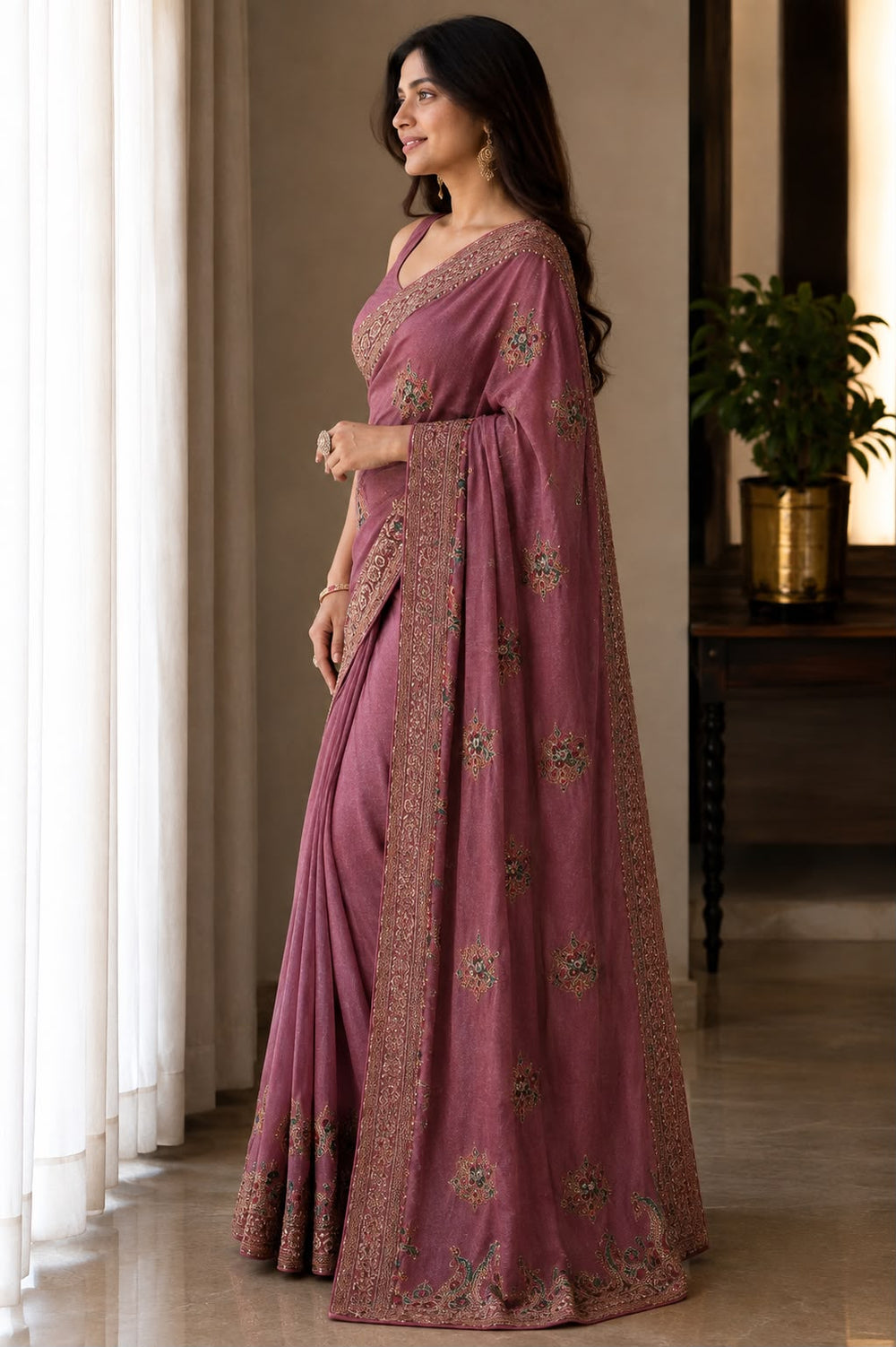 Aarya Luxe Premium Fancy Fabric Saree - Dusty Rose