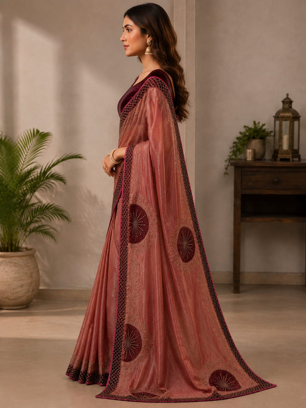 Women Shimmer Saree with Velvet Patch & Stone Work - Dusty Rose