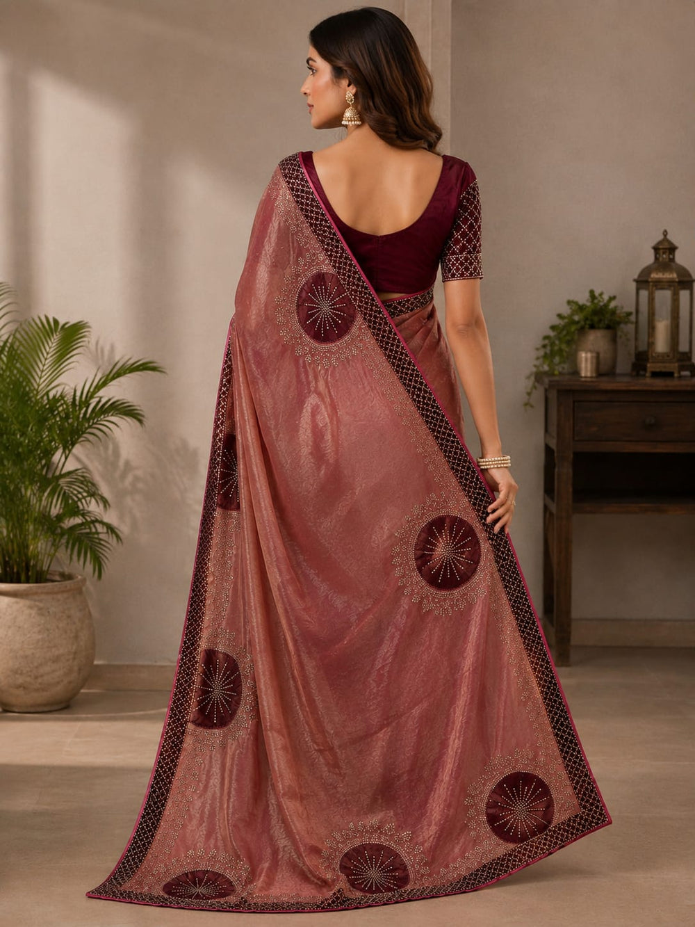 Women Shimmer Saree with Velvet Patch & Stone Work - Dusty Rose