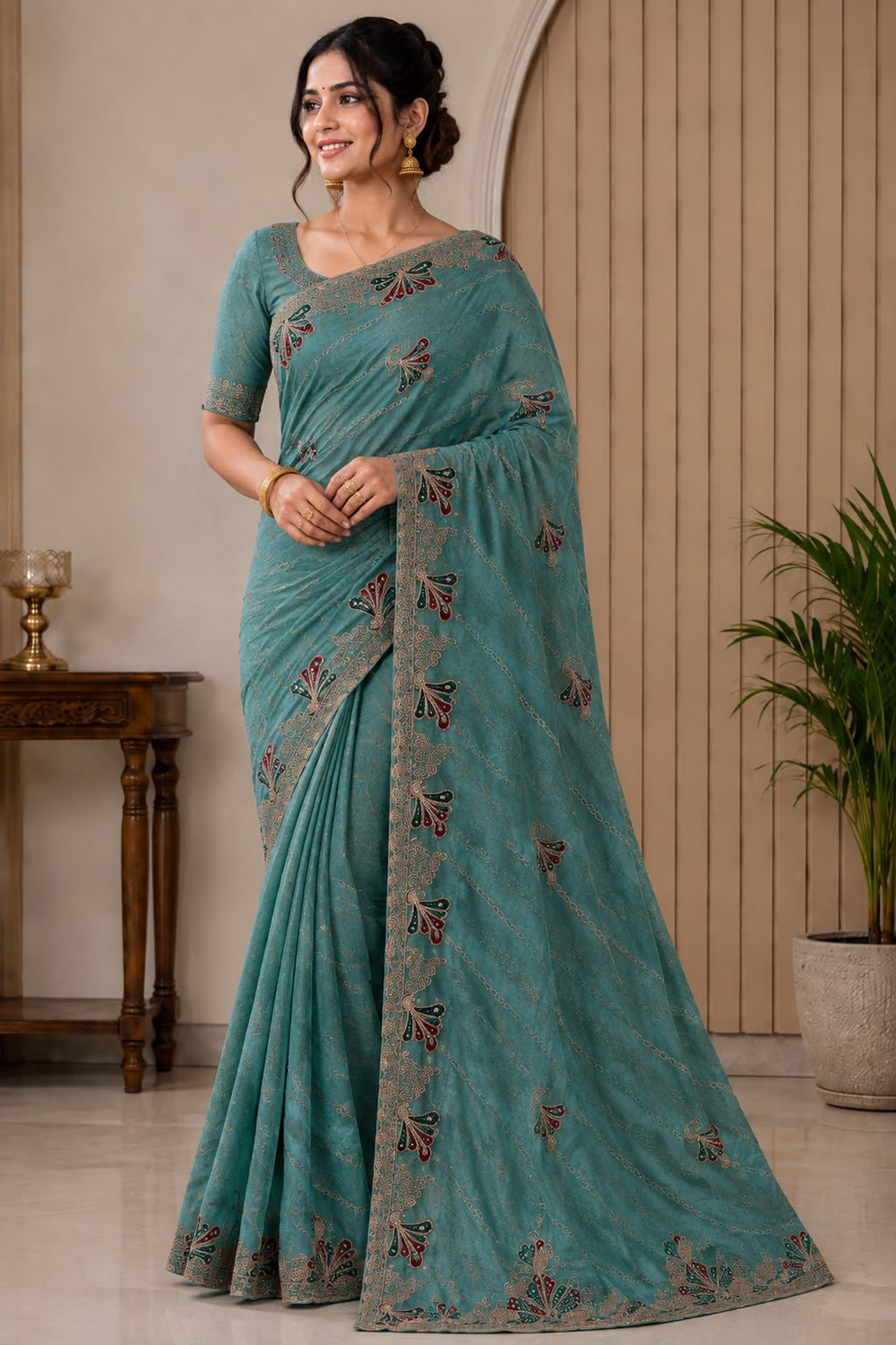 Women Fancy Saree with Peacock Embroidery & Zari Chain Work Border - Dusty Teal