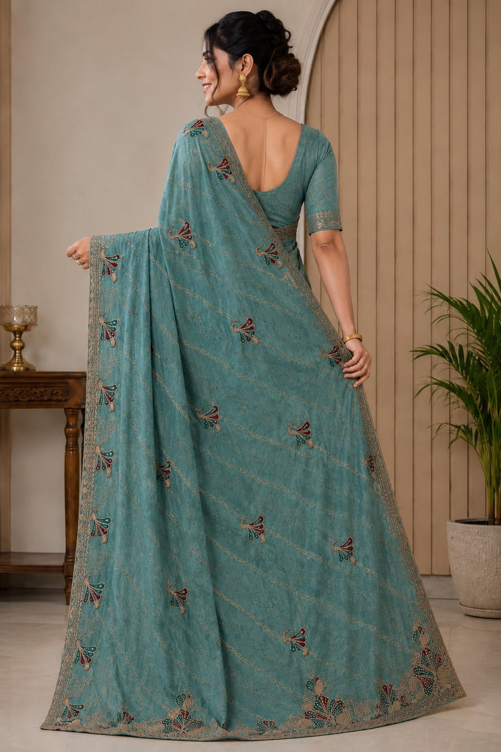 Women Fancy Saree with Peacock Embroidery & Zari Chain Work Border - Dusty Teal