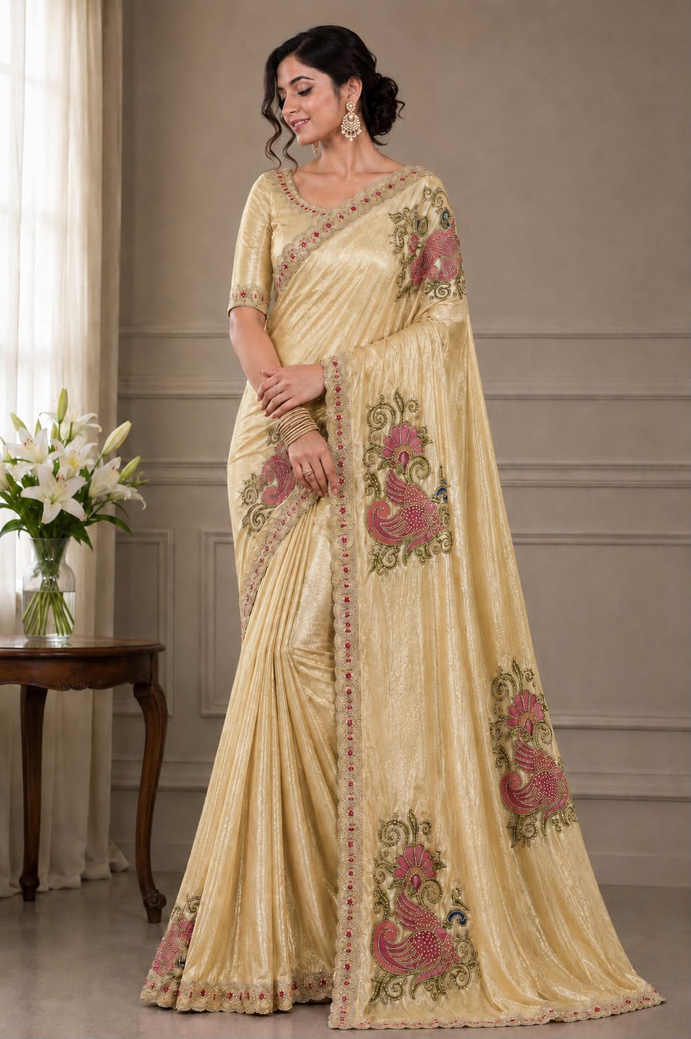 Women Shimmer Saree with Peacock Embroidered Motifs & Scalloped Border - Gold
