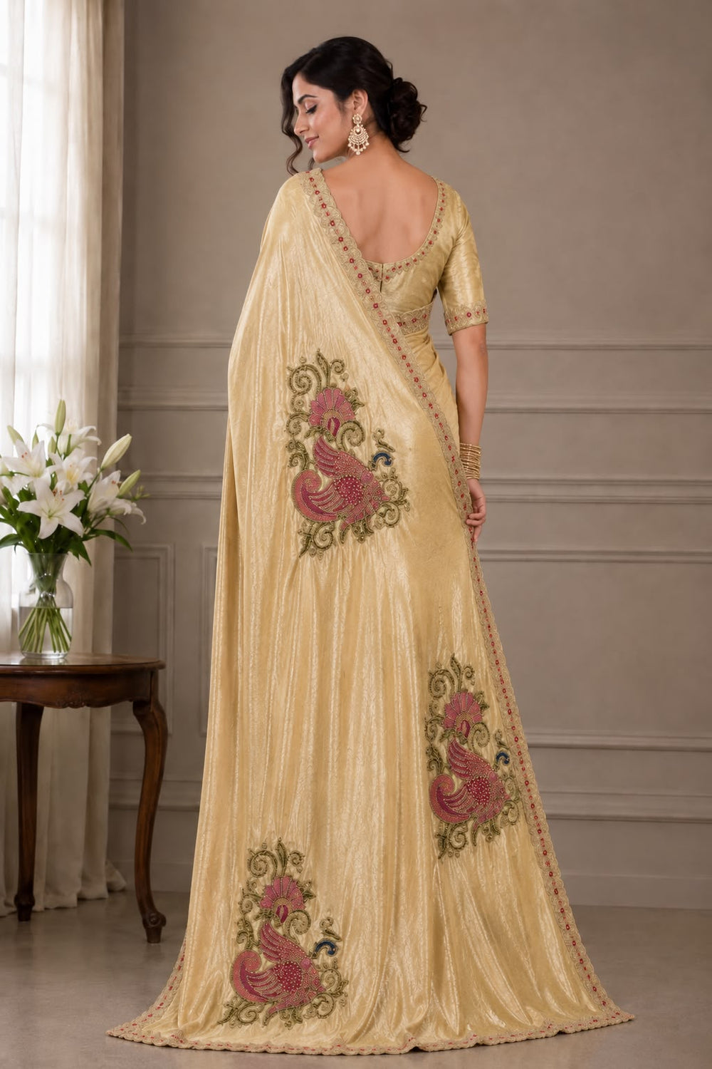 Women Shimmer Saree with Peacock Embroidered Motifs & Scalloped Border - Gold