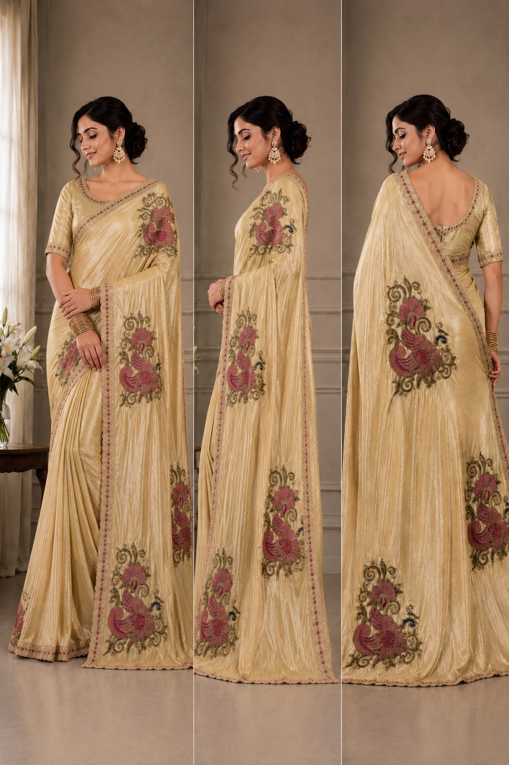 Women Shimmer Saree with Peacock Embroidered Motifs & Scalloped Border - Gold