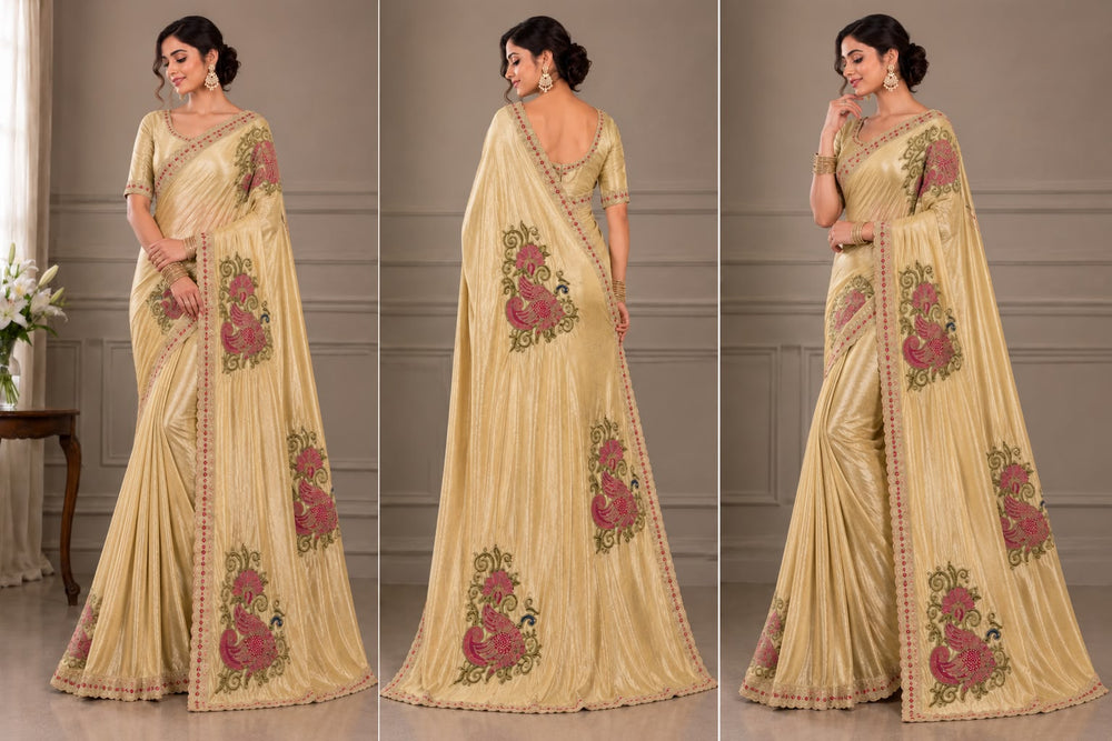 Women Shimmer Saree with Peacock Embroidered Motifs & Scalloped Border - Gold