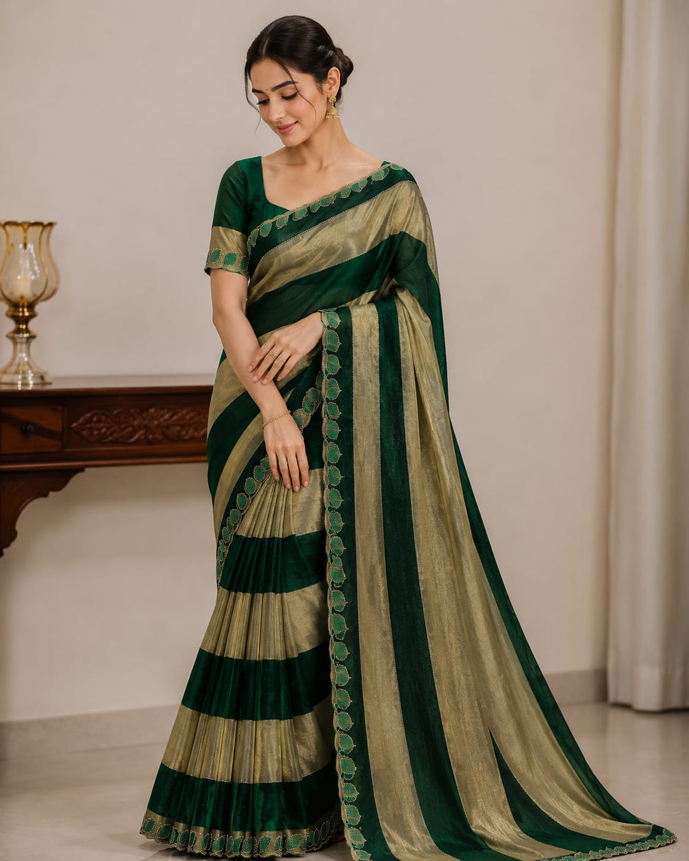 Women Metallic Zari Striped Saree with Embroidered Cutwork Border - Bottle Green