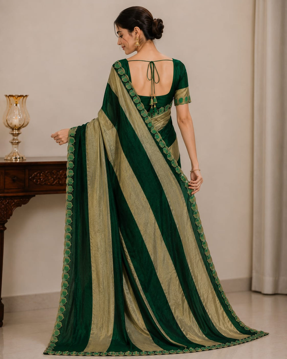 Women Metallic Zari Striped Saree with Embroidered Cutwork Border - Bottle Green