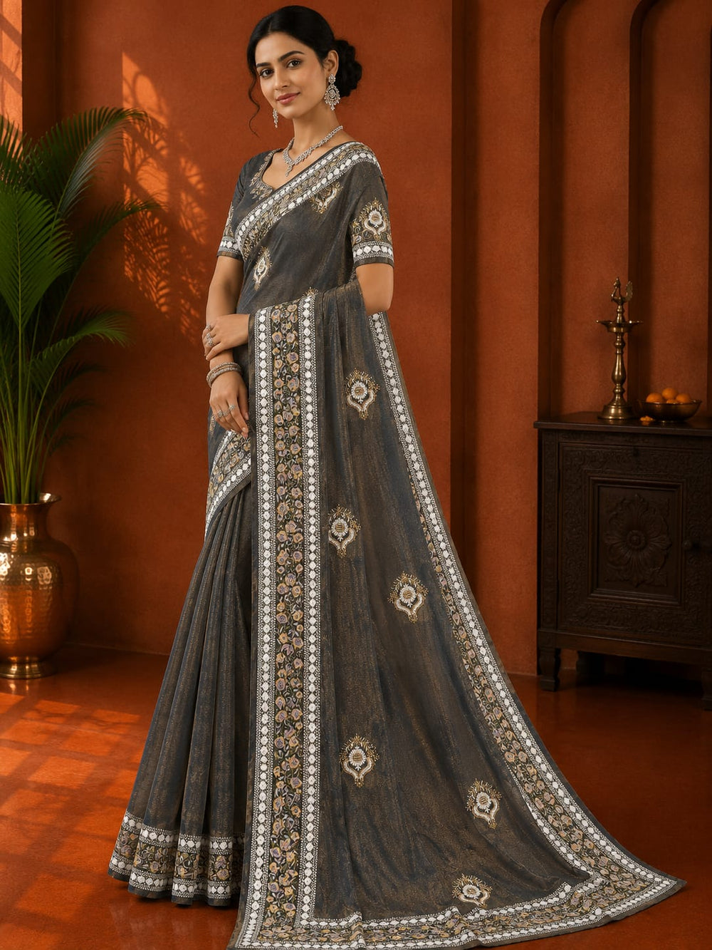 Women Mirror & Sequin Embroidered Saree with Heavy Blouse - Grey