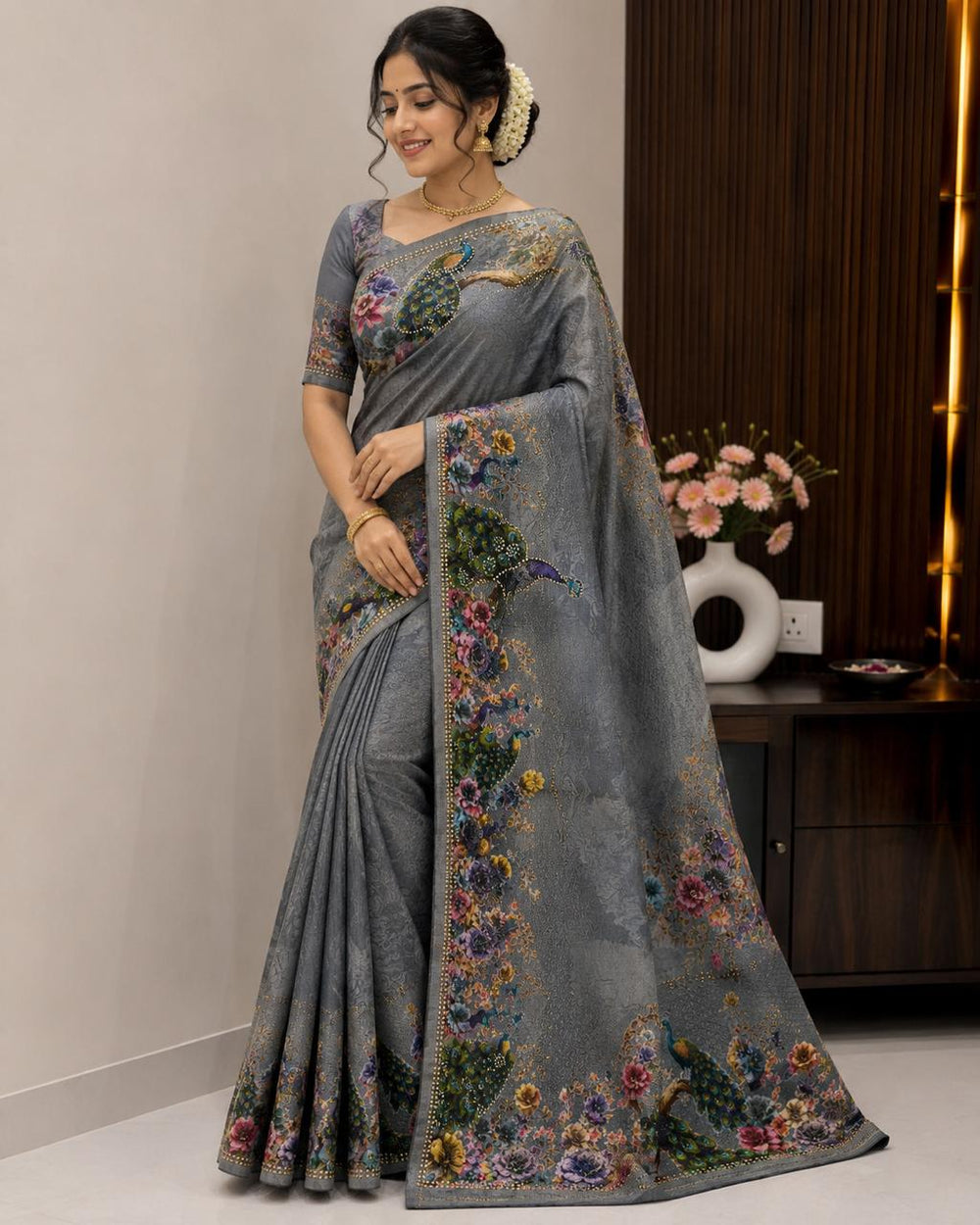 Women Designer Peacock Digital Print Saree with Rhinestone Diamond Work - Grey