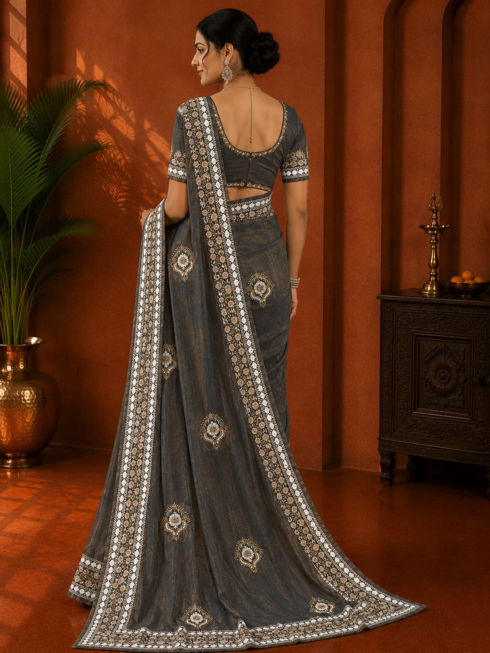 Women Mirror & Sequin Embroidered Saree with Heavy Blouse - Grey