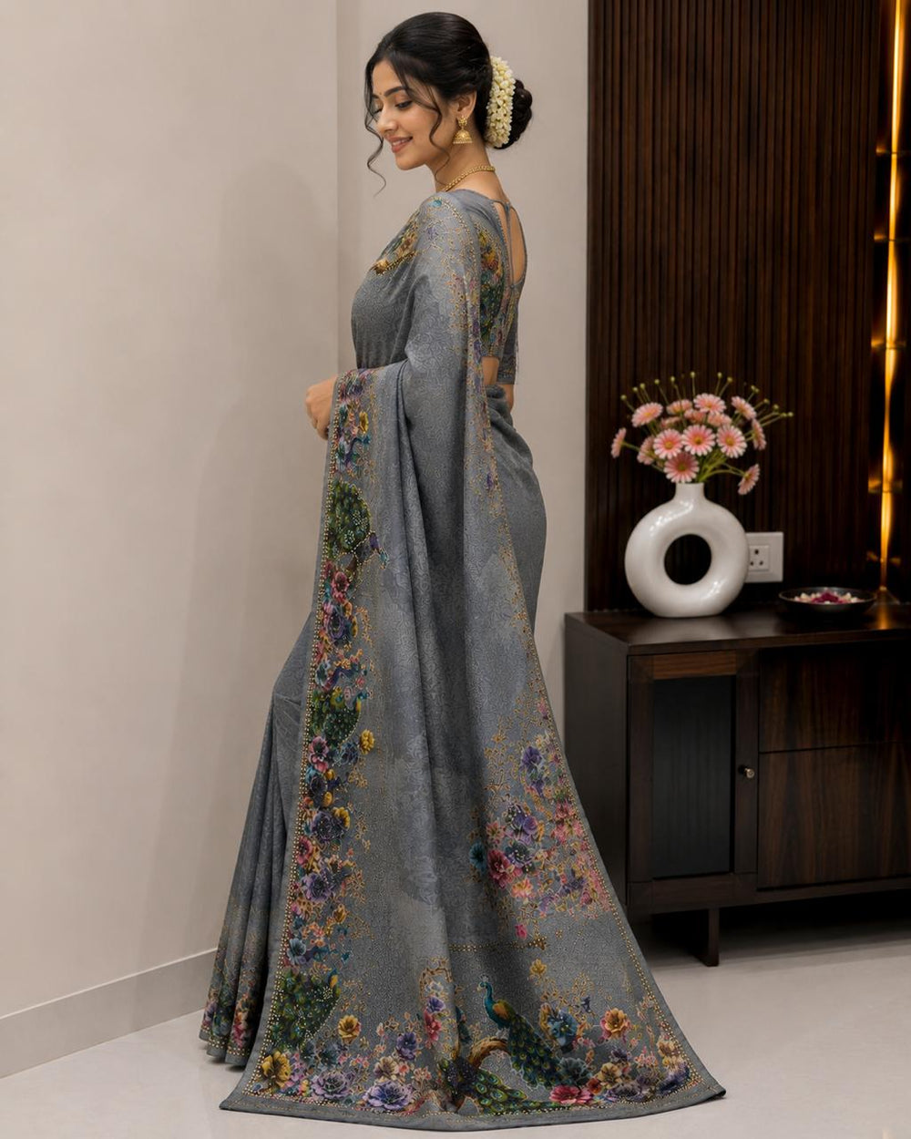 Women Designer Peacock Digital Print Saree with Rhinestone Diamond Work - Grey