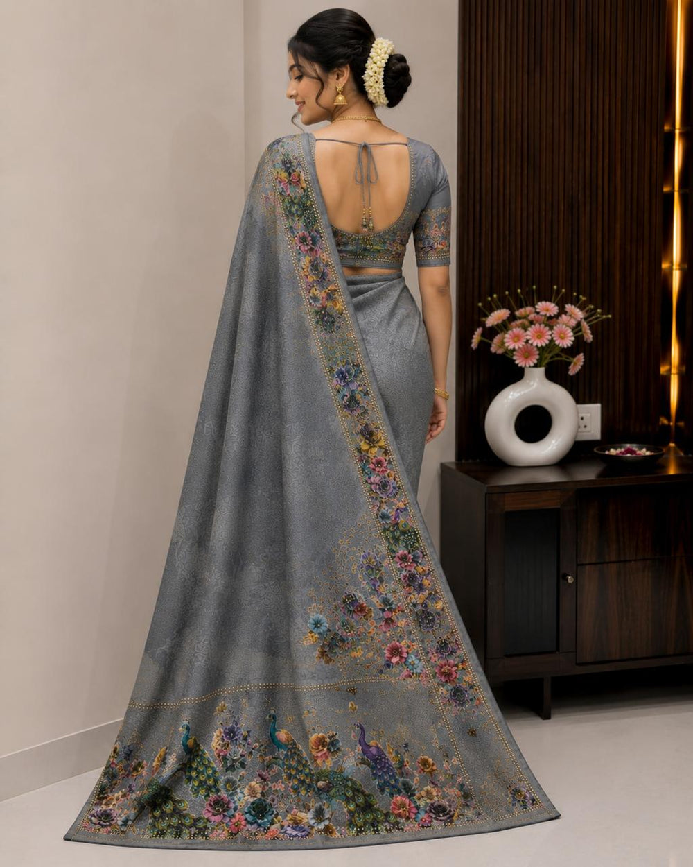 Women Designer Peacock Digital Print Saree with Rhinestone Diamond Work - Grey