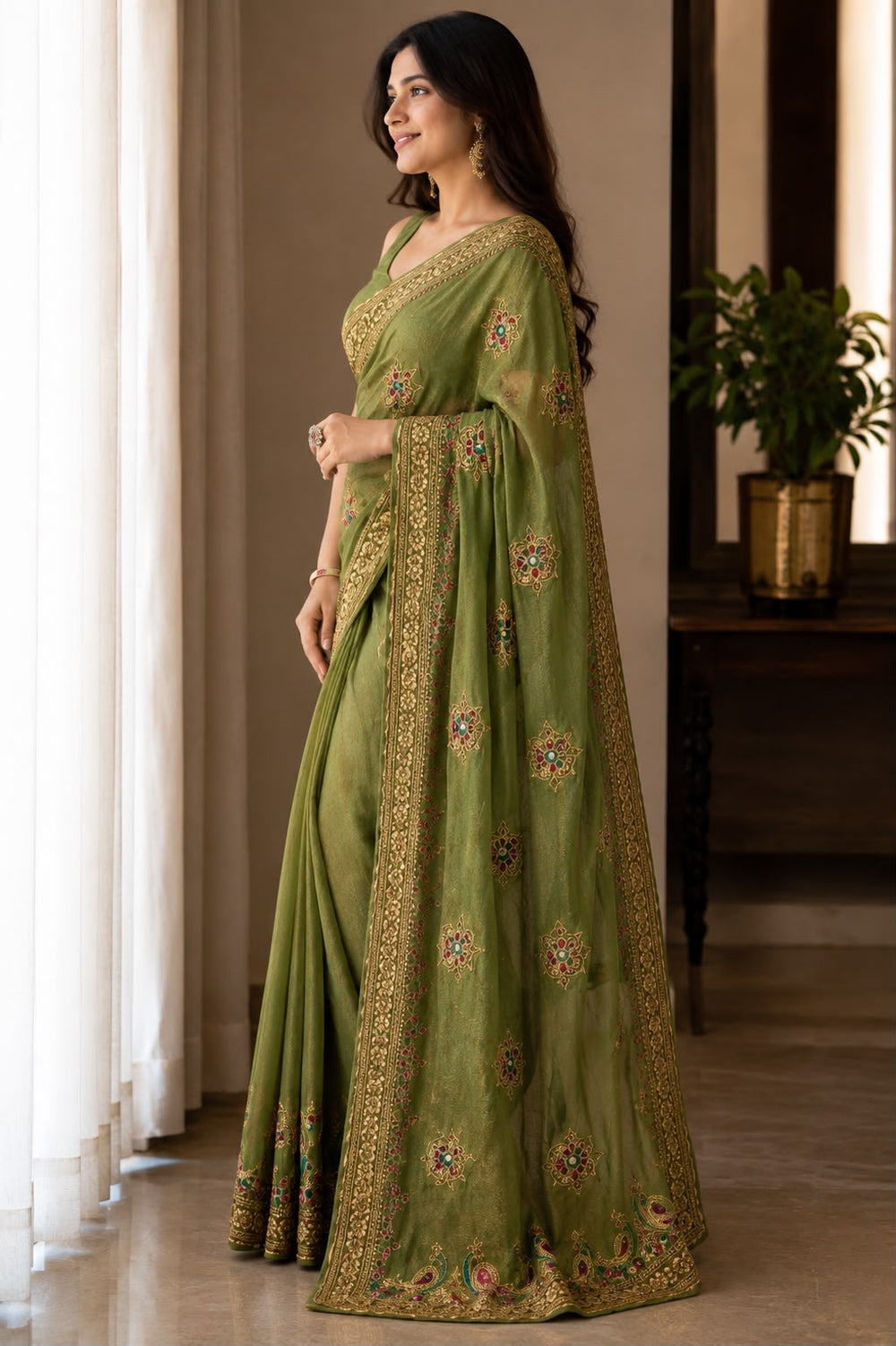 Aarya Luxe Premium Fancy Fabric Saree - Heritage Olive