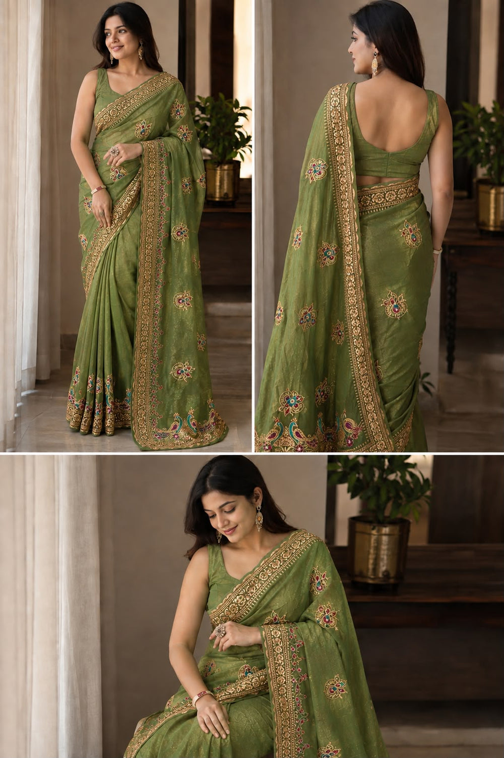 Aarya Luxe Premium Fancy Fabric Saree - Heritage Olive