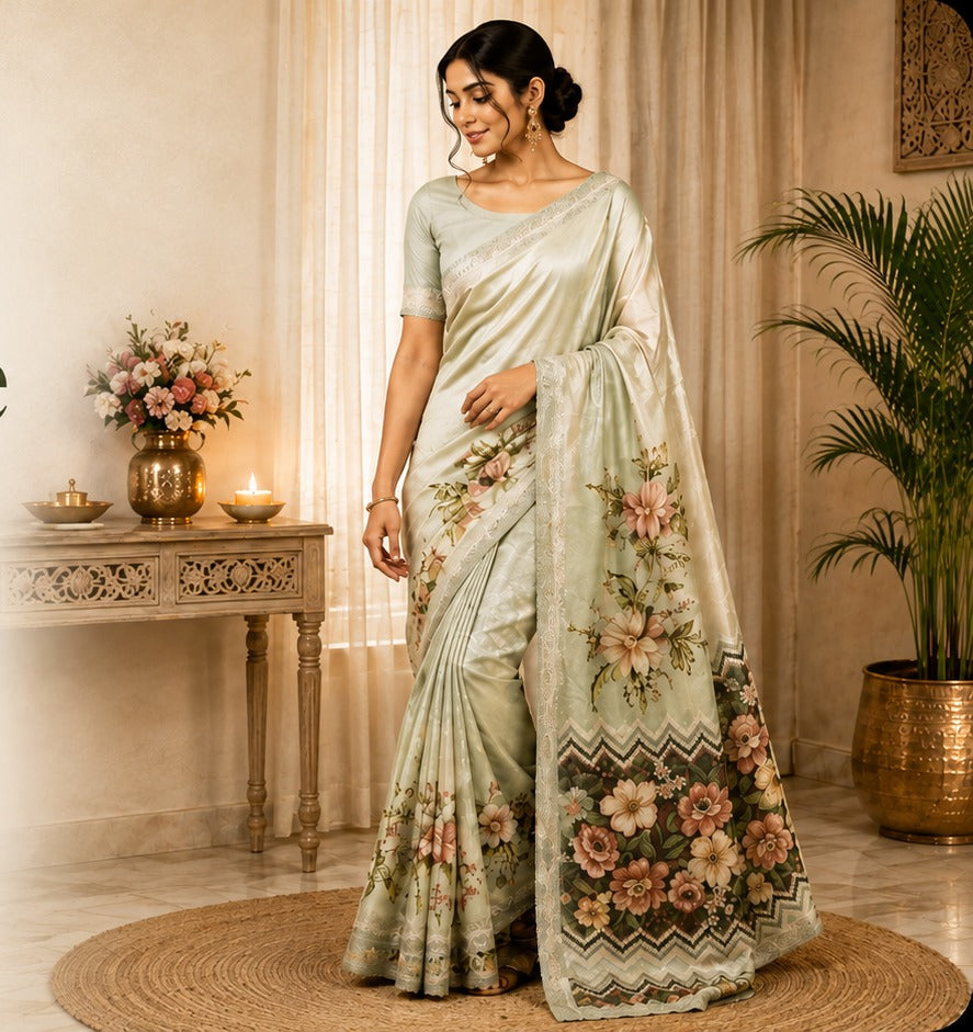 Women Floral Printed Organza Saree with Scalloped Embroidered Border