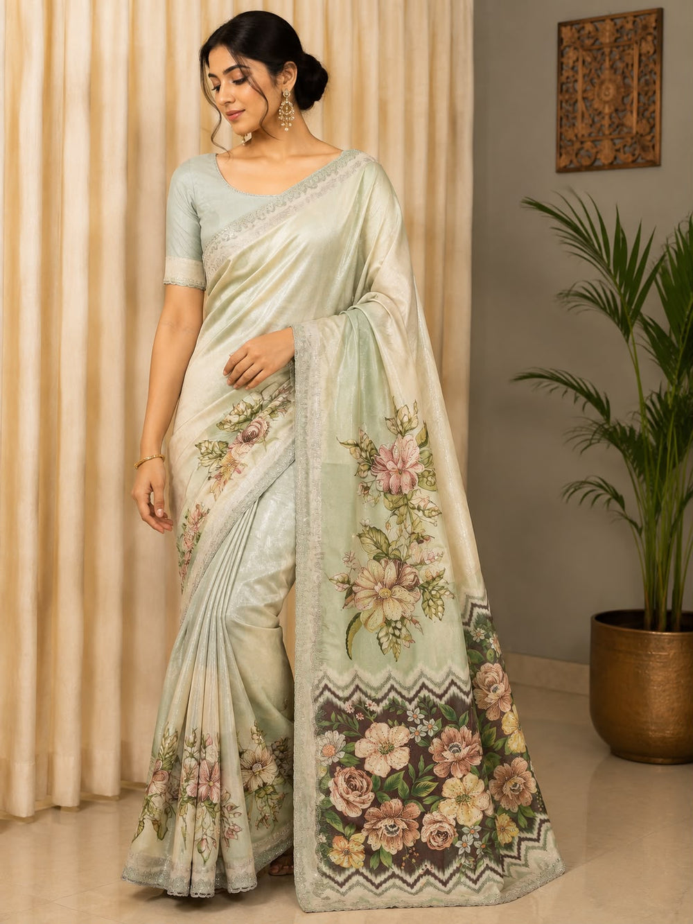 Women Floral Printed Organza Saree with Scalloped Embroidered Border - Ivory