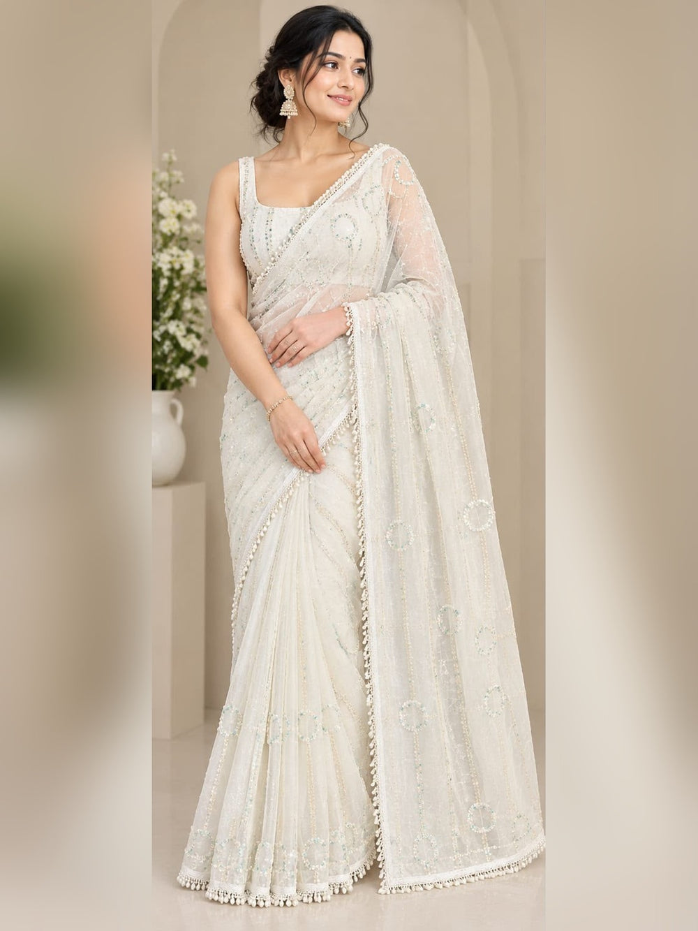 Women Net Saree with Pearl & Sequin Ring Work and Pearl Drop Border - Ivory