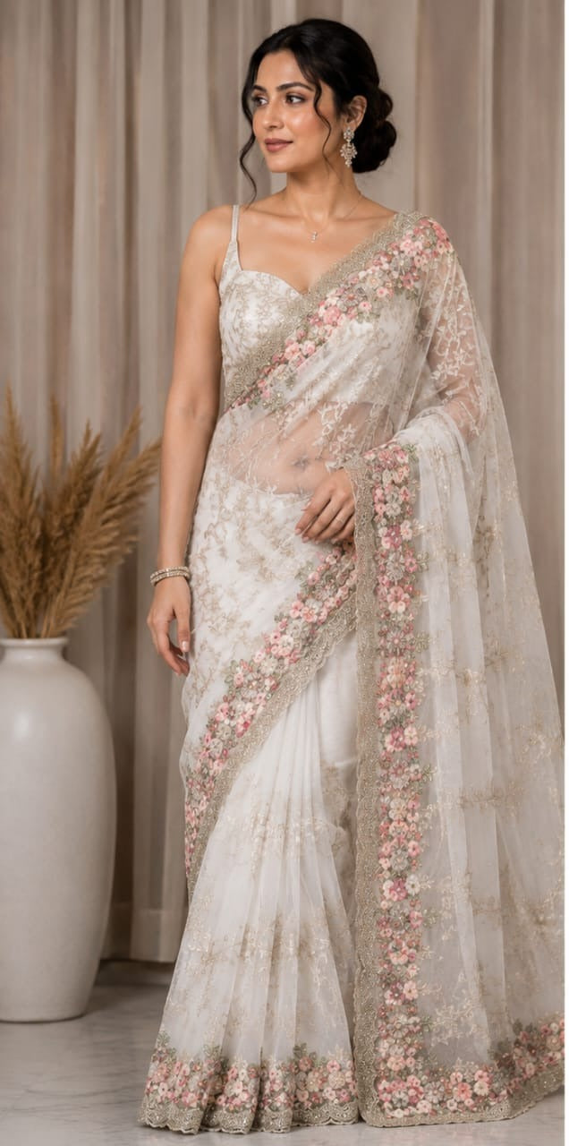 Women Floral Embroidered Net Saree with Scalloped Border - Ivory