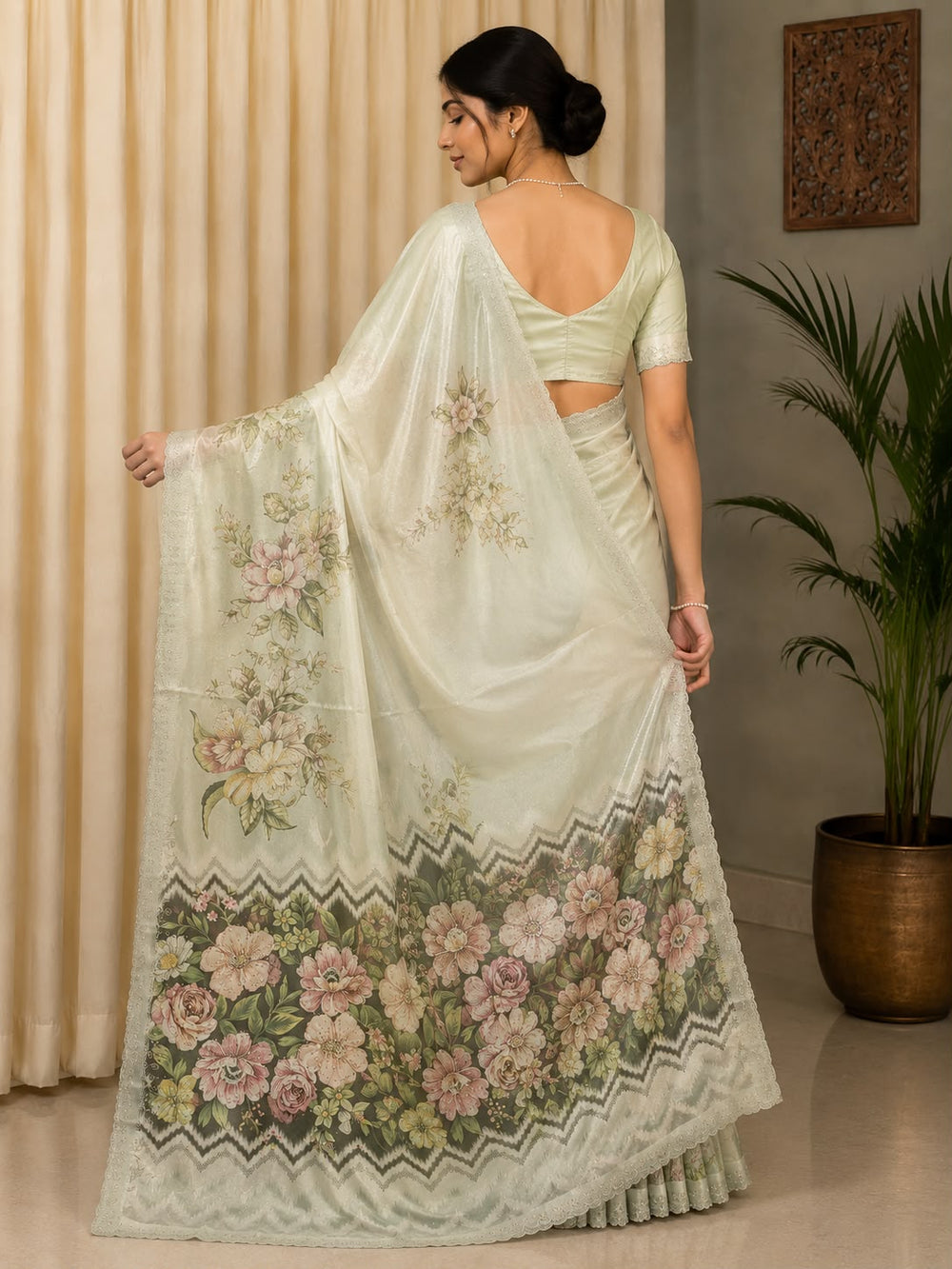 Women Floral Printed Organza Saree with Scalloped Embroidered Border - Ivory