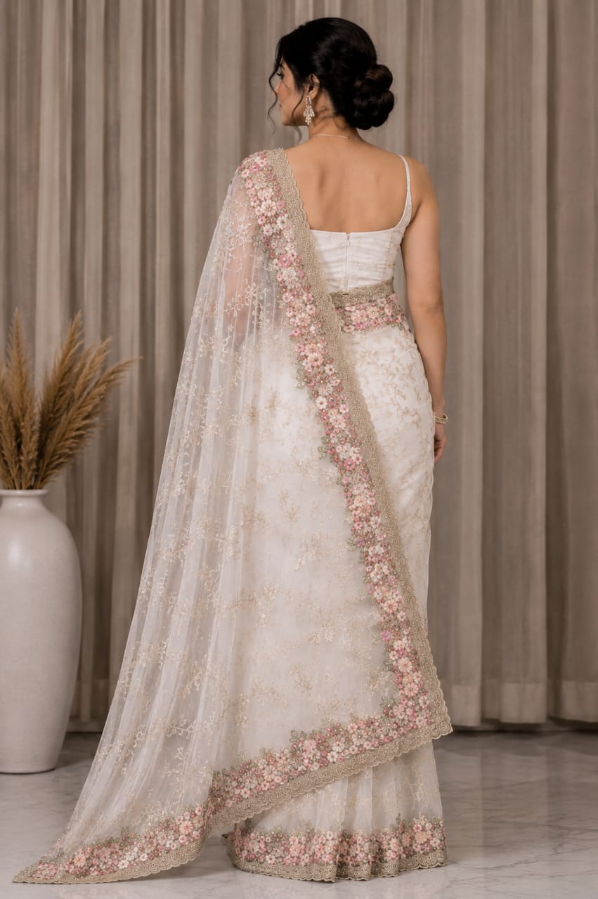Women Floral Embroidered Net Saree with Scalloped Border - Ivory