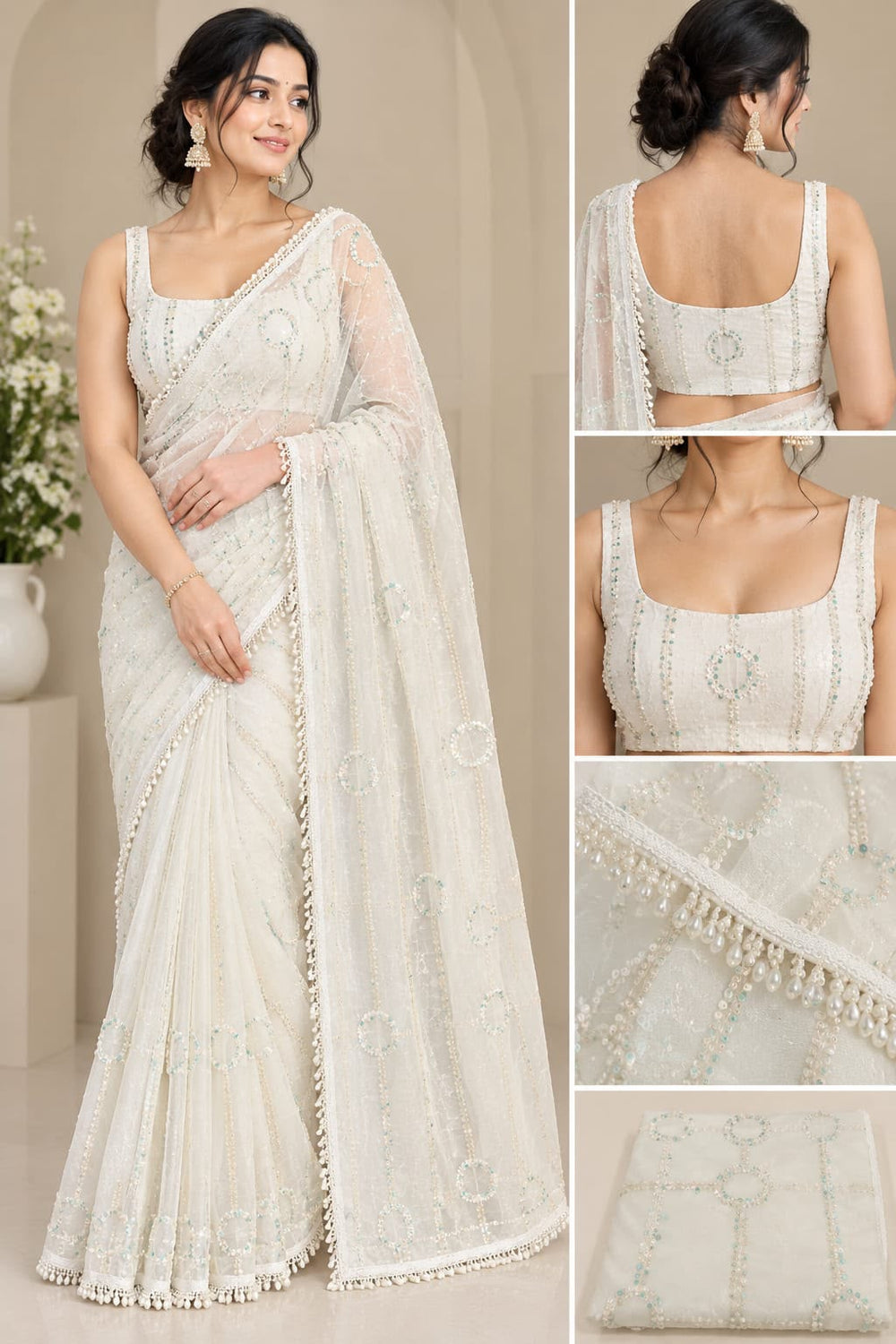 Women Net Saree with Pearl & Sequin Ring Work and Pearl Drop Border - Ivory