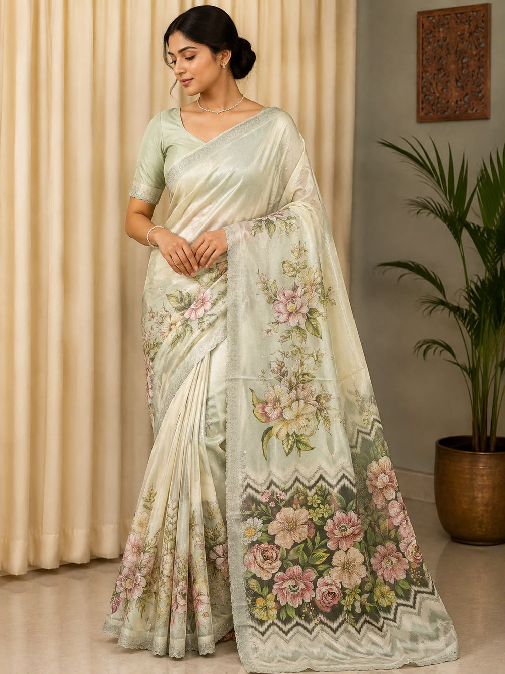 Women Floral Printed Organza Saree with Scalloped Embroidered Border - Ivory