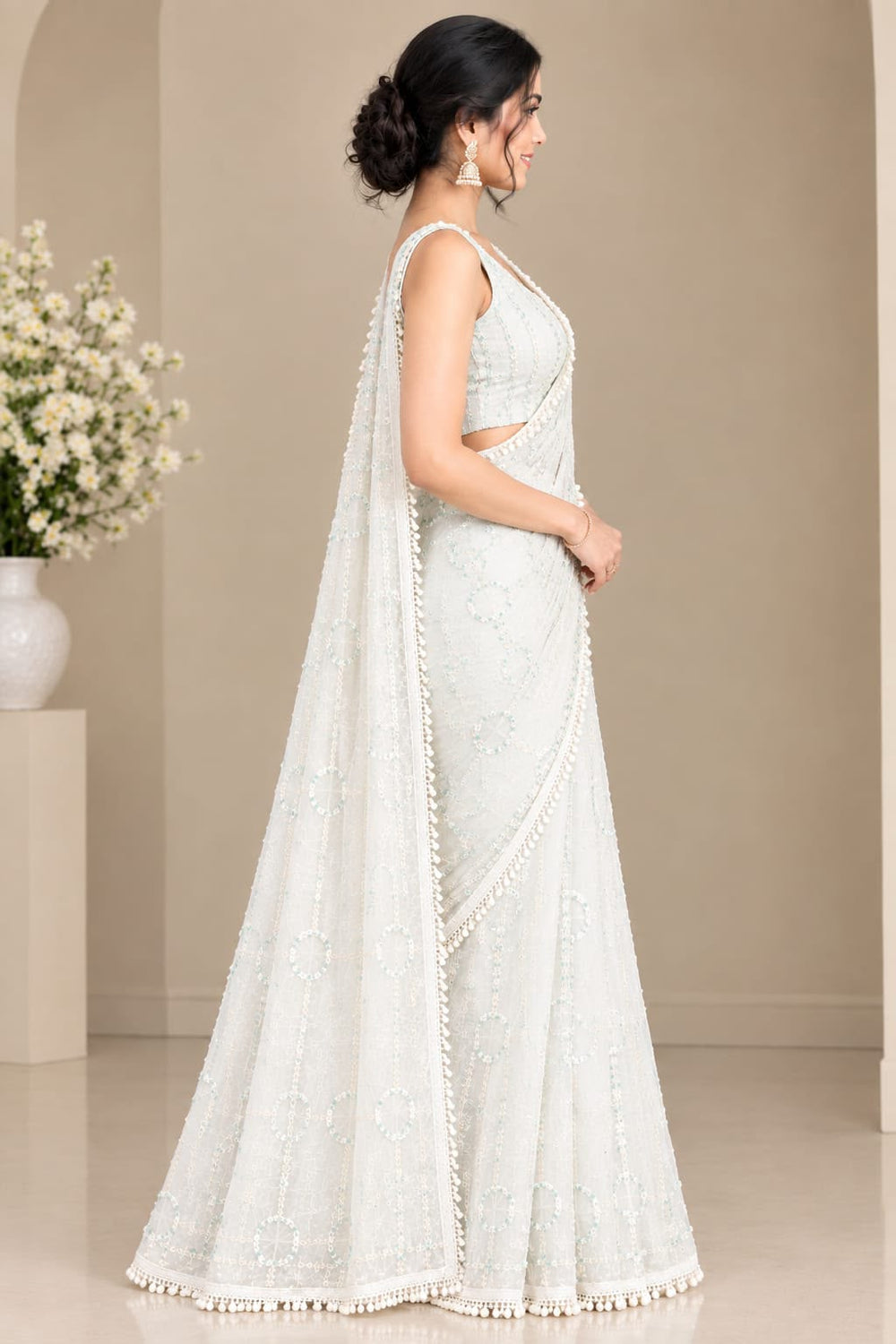 Women Net Saree with Pearl & Sequin Ring Work and Pearl Drop Border - Ivory