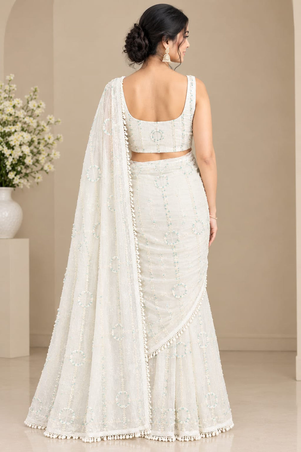 Women Net Saree with Pearl & Sequin Ring Work and Pearl Drop Border - Ivory