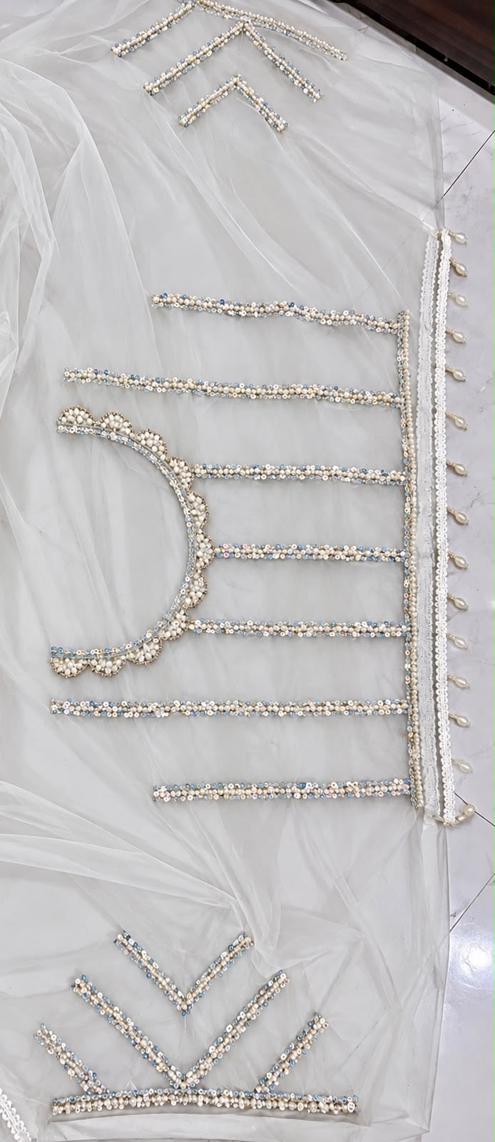 Women Net Saree with Pearl & Sequin Ring Work and Pearl Drop Border - Ivory