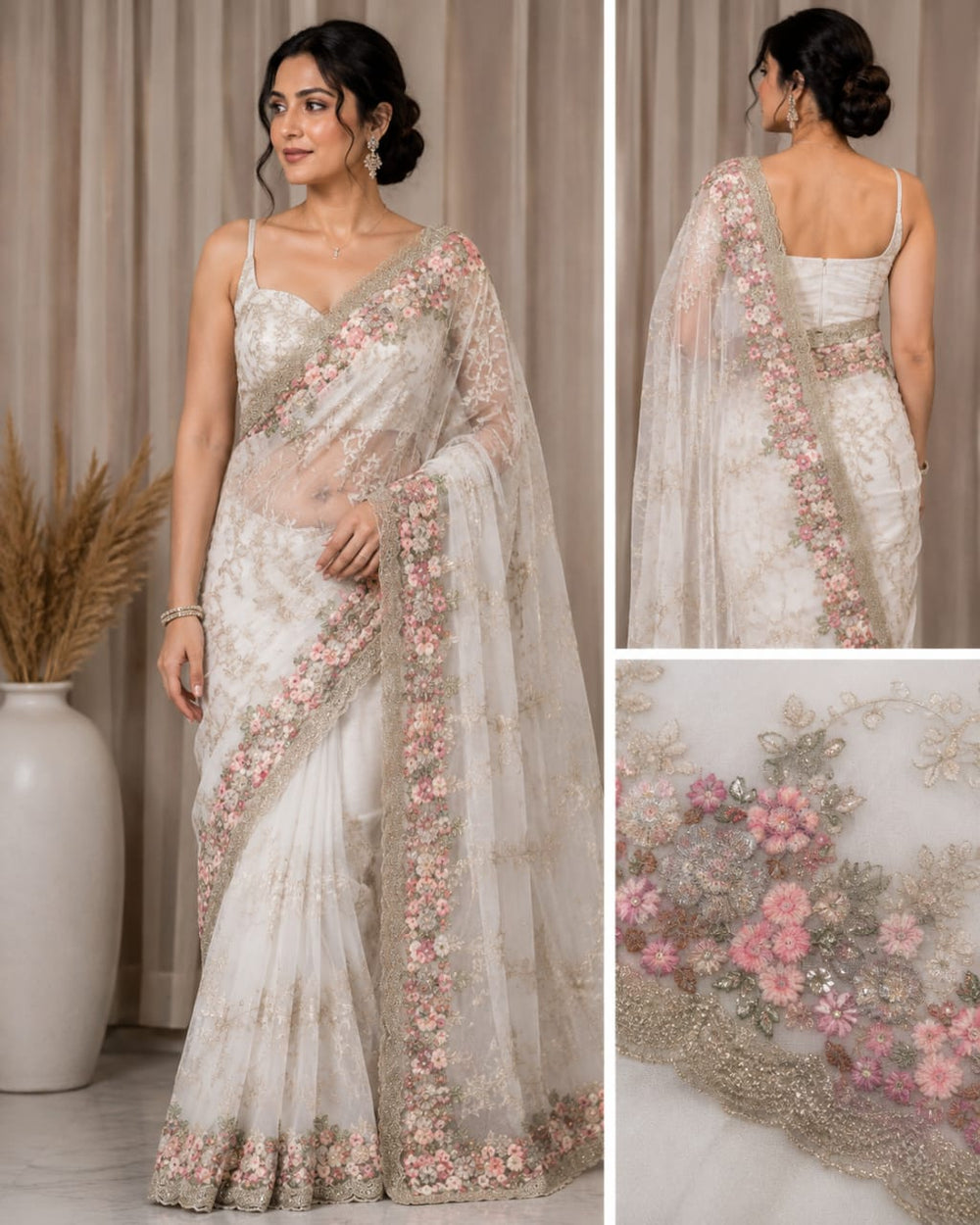 Women Floral Embroidered Net Saree with Scalloped Border - Ivory