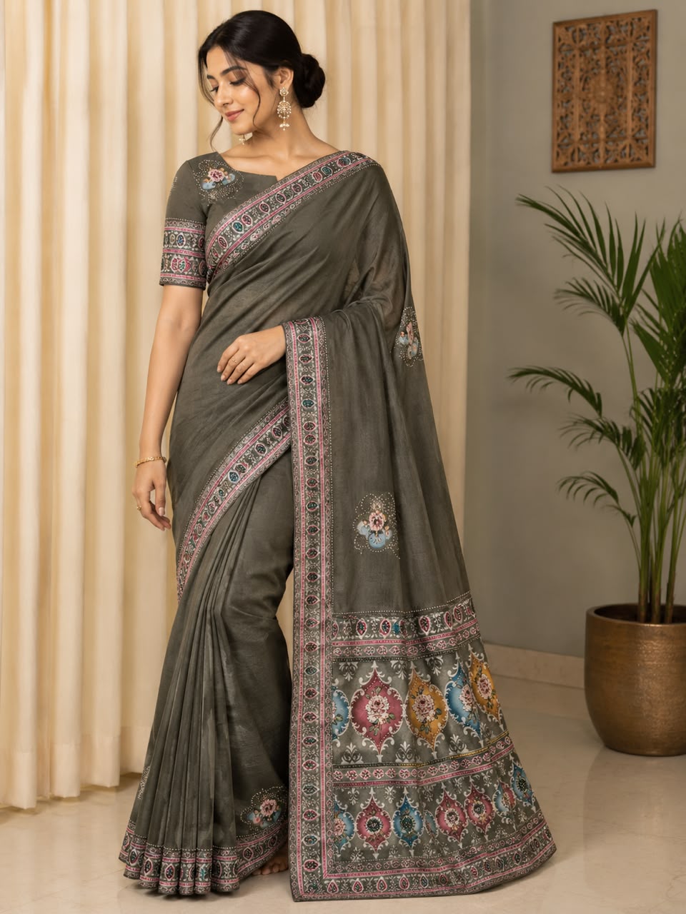 Women Printed Pallu Dola Silk Saree with Embroidered Butis - Olive Grey