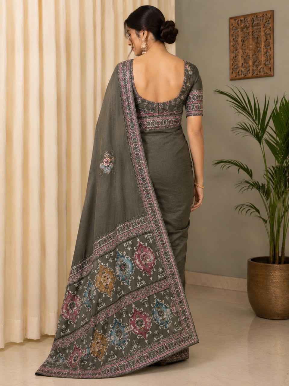 Women Printed Pallu Dola Silk Saree with Embroidered Butis - Olive Grey