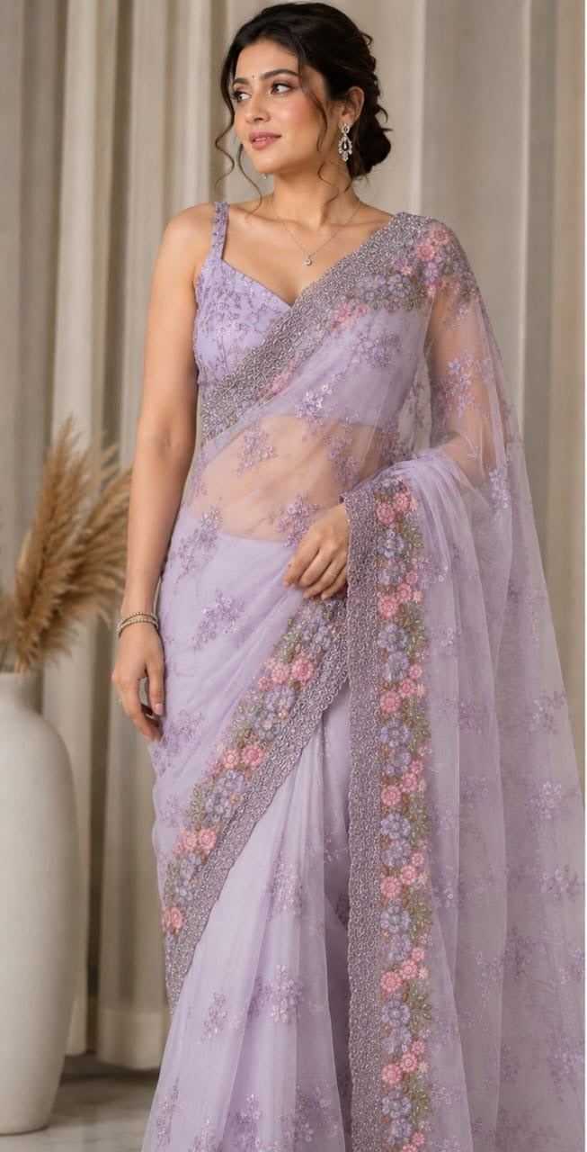 Women Floral Embroidered Net Saree with Scalloped Border - Lavender