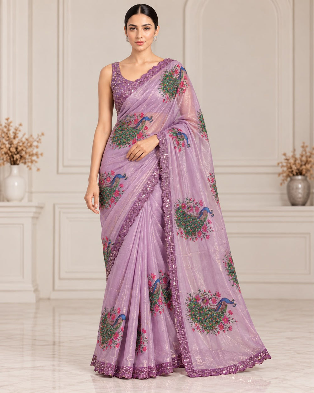 Women Peacock Digital Print Fancy Satin Saree with Rhinestone Work & Scalloped Cutwork Border - Lavender