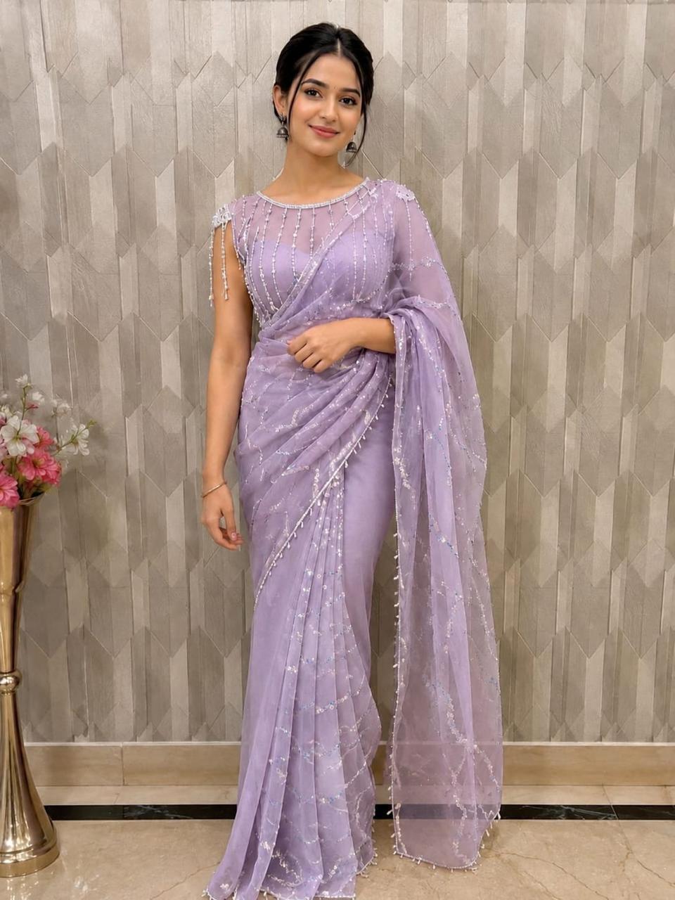 Women Pearl Embellished Net Saree with Scalloped Pearl Border - Lavender