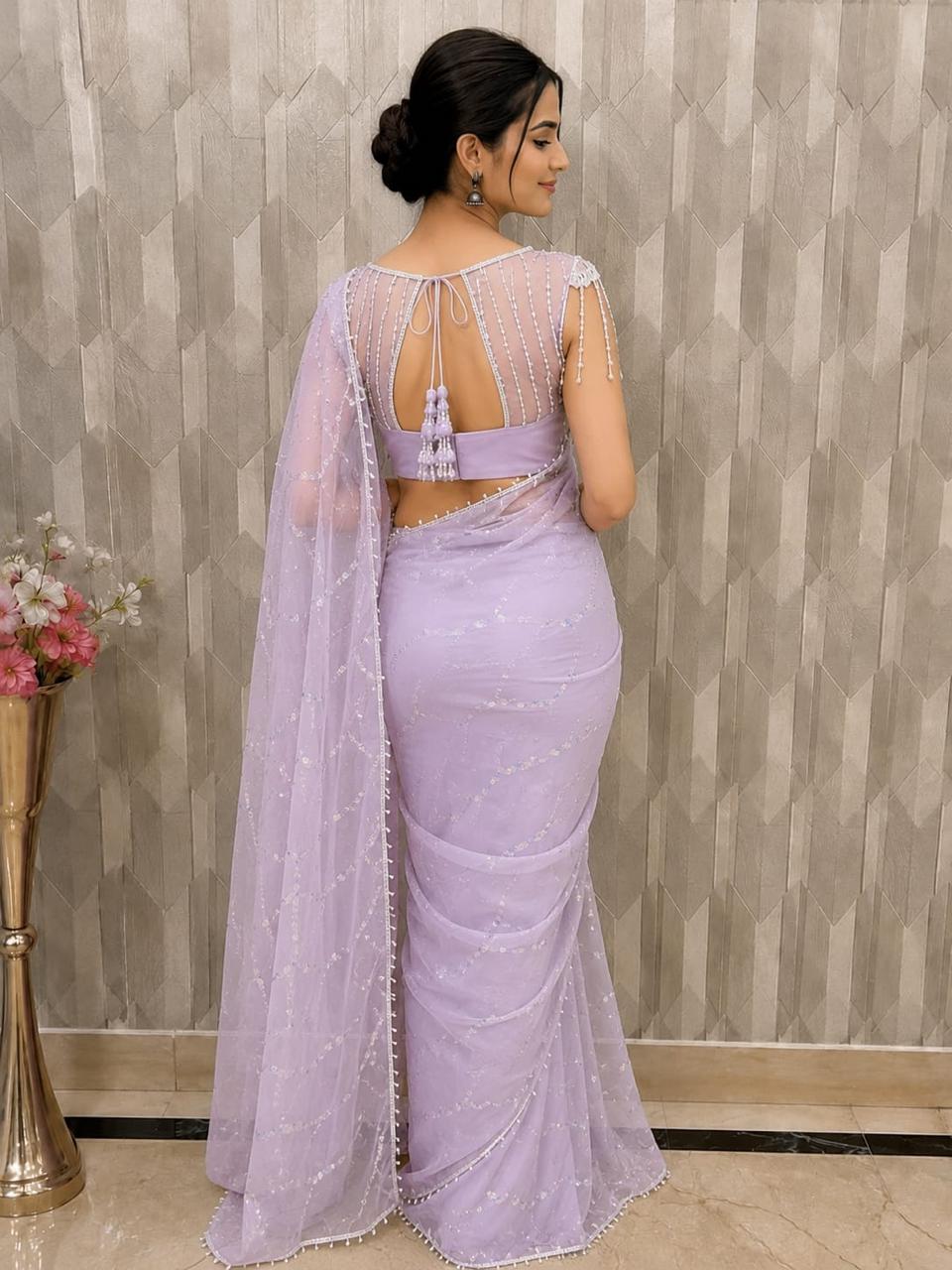 Women Pearl Embellished Net Saree with Scalloped Pearl Border - Lavender