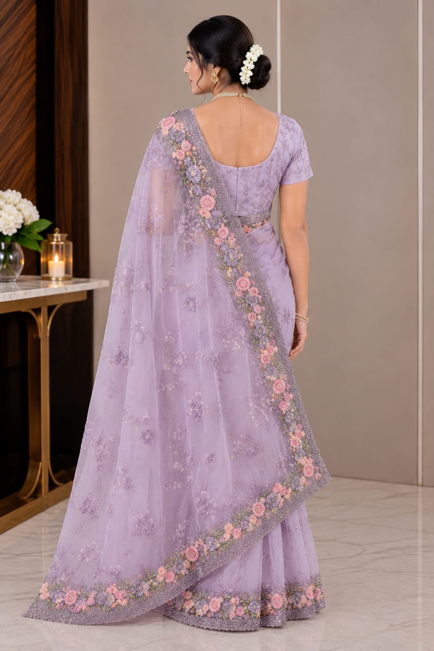 Women Floral Embroidered Net Saree with Scalloped Border - Lavender