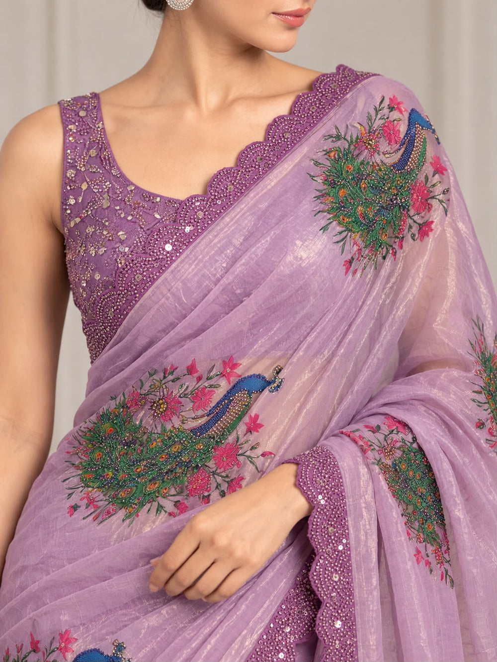 Women Peacock Digital Print Fancy Satin Saree with Rhinestone Work & Scalloped Cutwork Border - Lavender