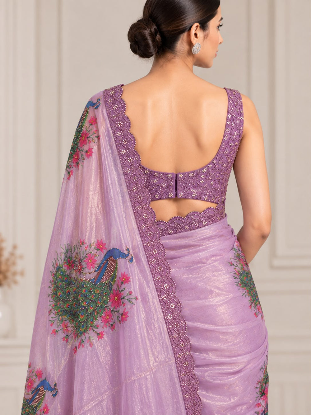 Women Peacock Digital Print Fancy Satin Saree with Rhinestone Work & Scalloped Cutwork Border - Lavender