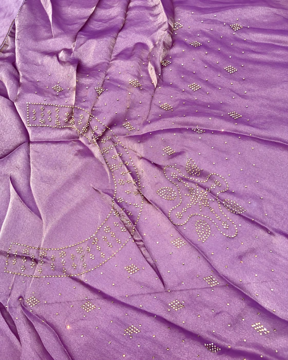 Women Peacock Digital Print Fancy Satin Saree with Rhinestone Work & Scalloped Cutwork Border - Lavender