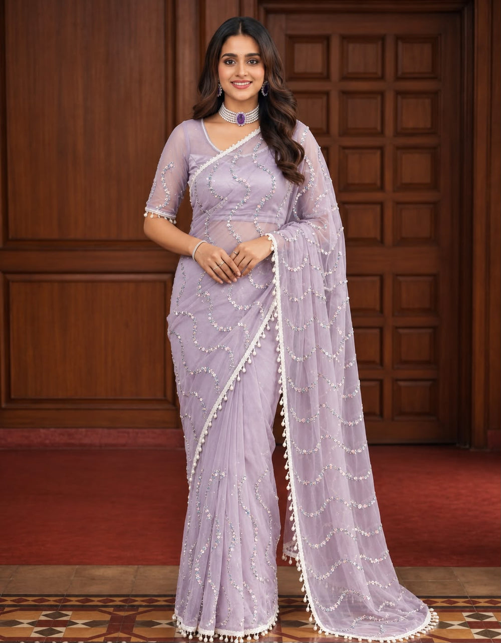 Women Pearl Embellished Net Saree with Scalloped Pearl Border - Lavender