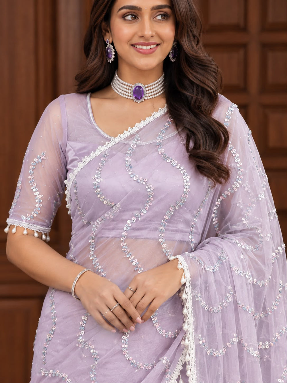 Women Pearl Embellished Net Saree with Scalloped Pearl Border - Lavender