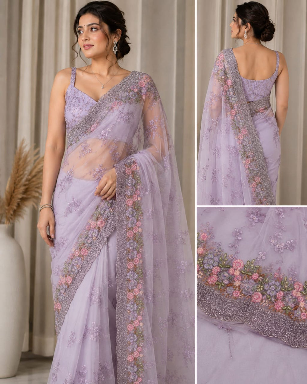 Women Floral Embroidered Net Saree with Scalloped Border - Lavender