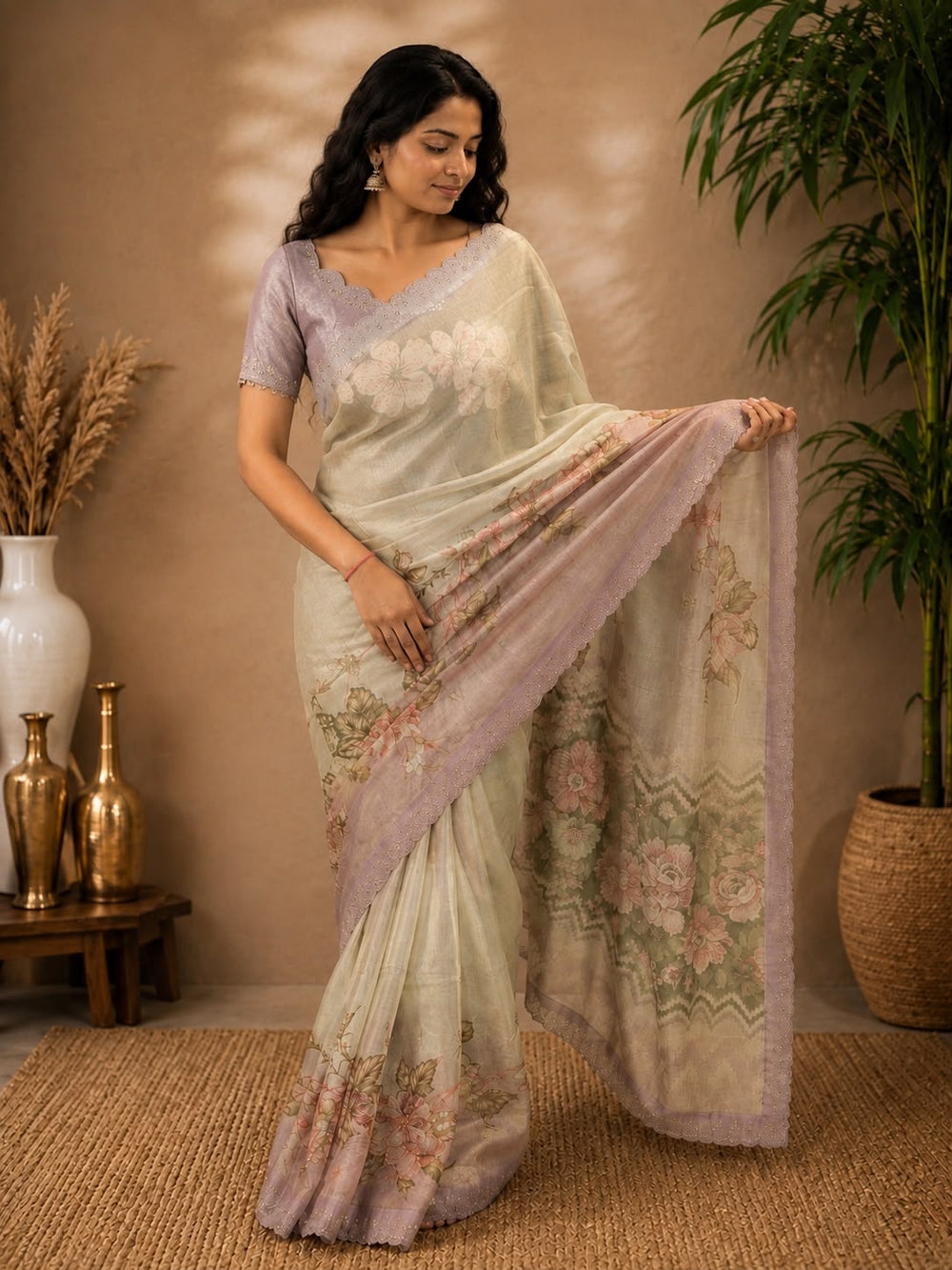 Women Floral Printed Organza Saree with Scalloped Embroidered Border - Lilac