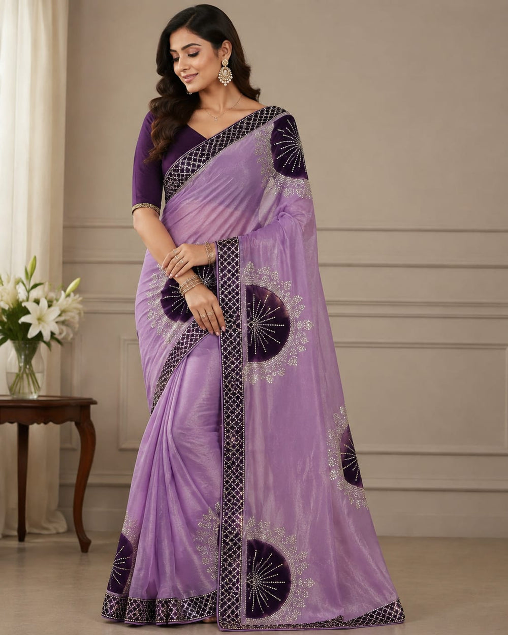 Women Shimmer Saree with Velvet Patch & Stone Work - Lilac