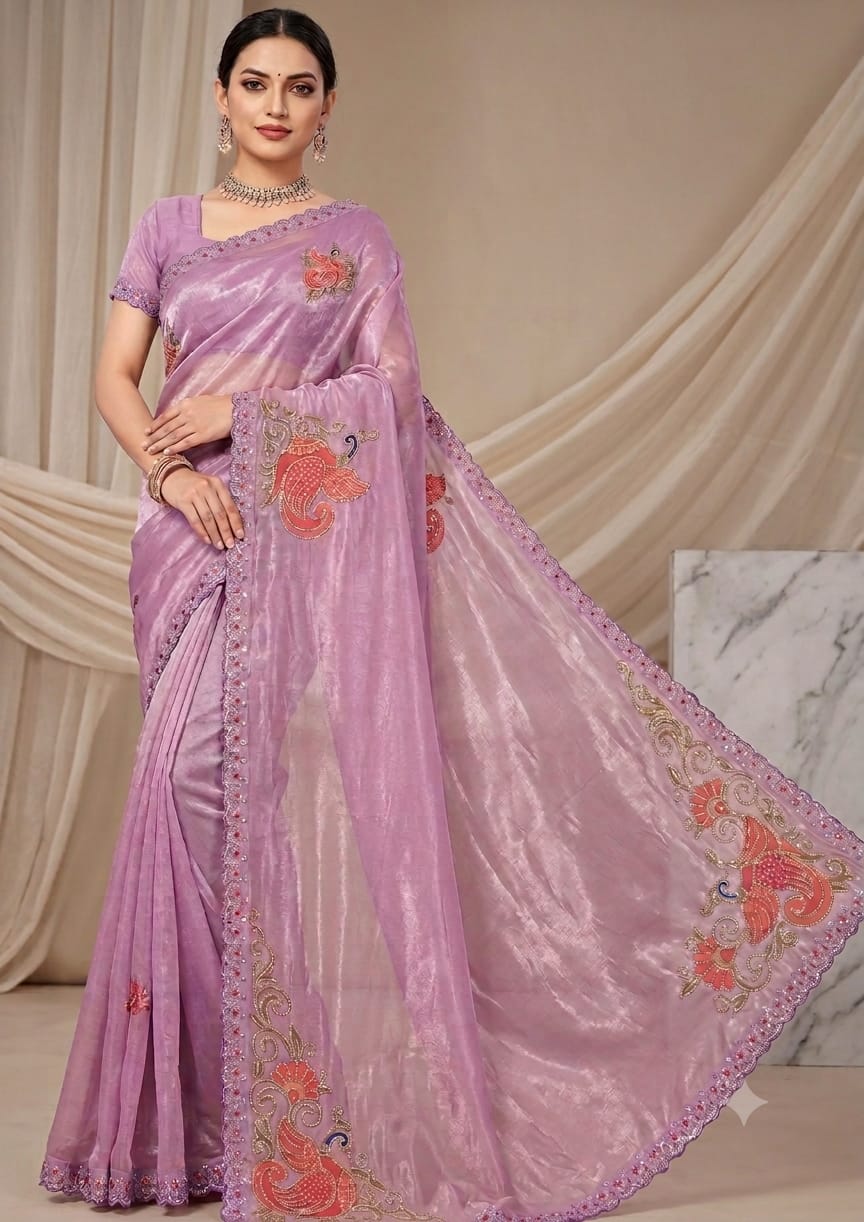 Women Shimmer Saree with Peacock Embroidered Motifs & Scalloped Border - Lilac
