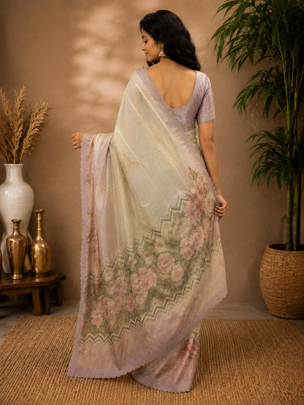 Women Floral Printed Organza Saree with Scalloped Embroidered Border - Lilac