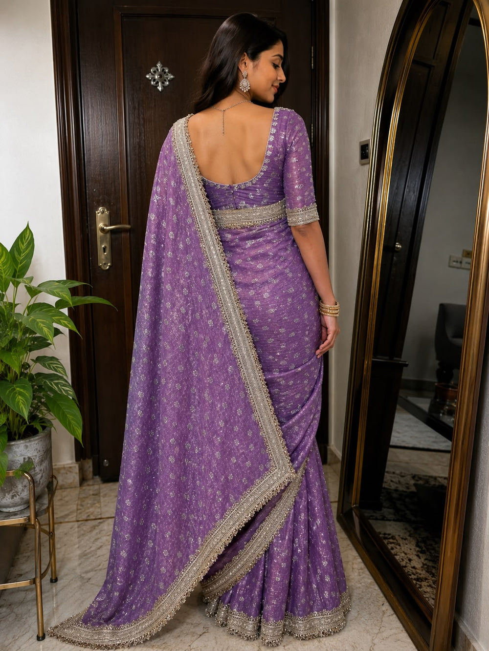 Women Georgette Saree with Heavy Cutwork Embroidered Border - Lavender