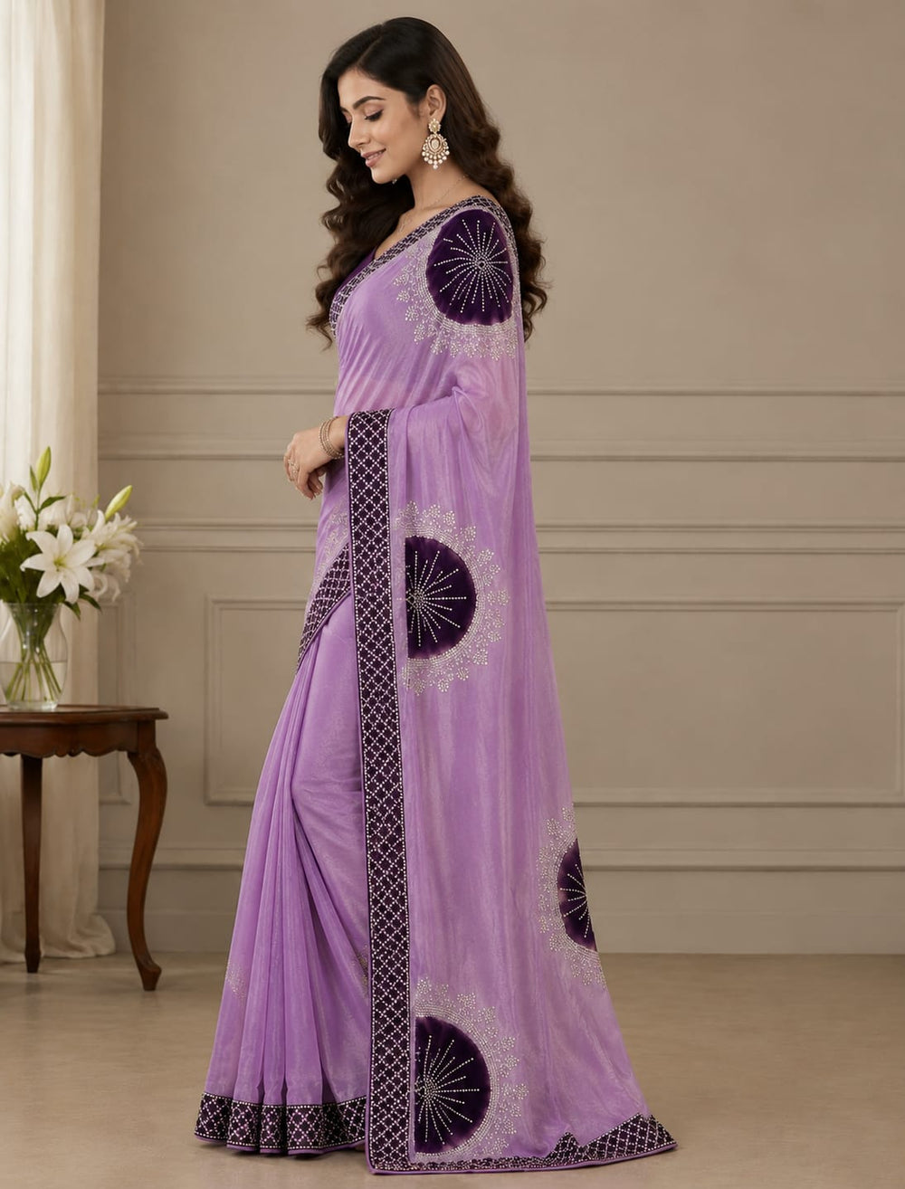 Women Shimmer Saree with Velvet Patch & Stone Work - Lilac